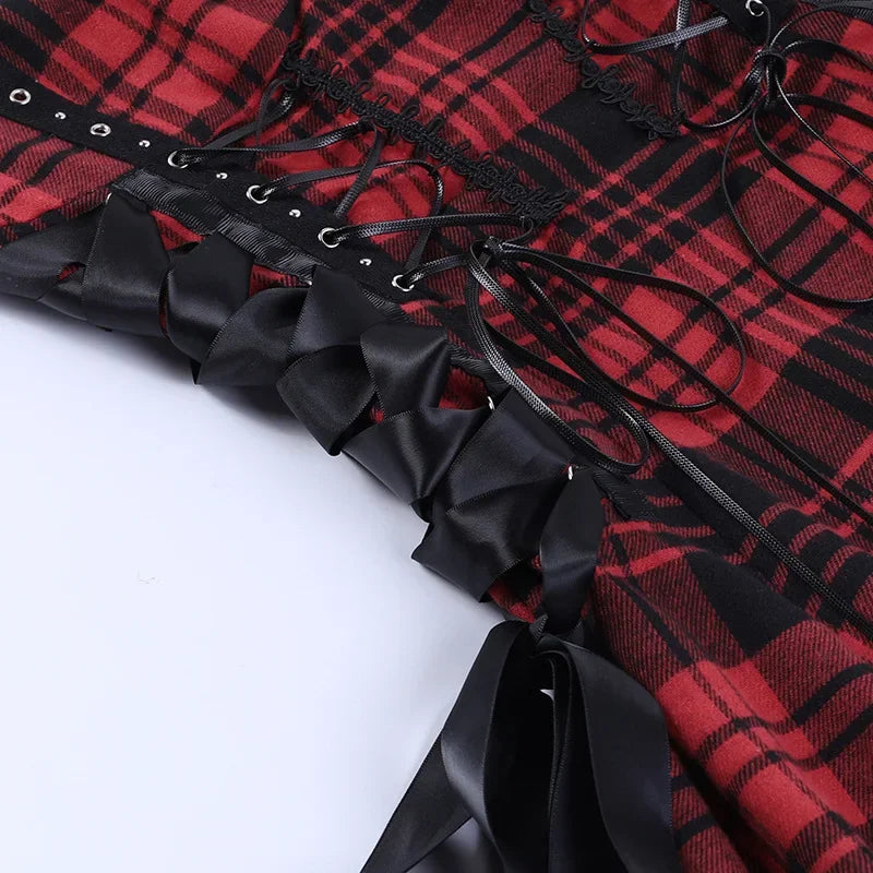 Women's Scene Red and Black Plaid Lace-Up Mini Dress