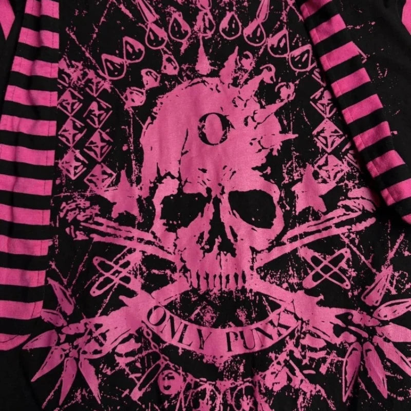 Scene Women's Black and Pink Skull Print Zip-Up Hoodie