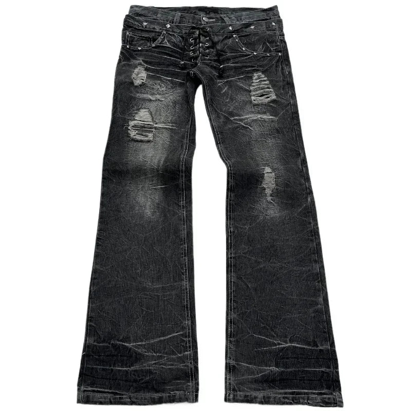 Scene Black Distressed Lace-Up Micro-Flare Jeans