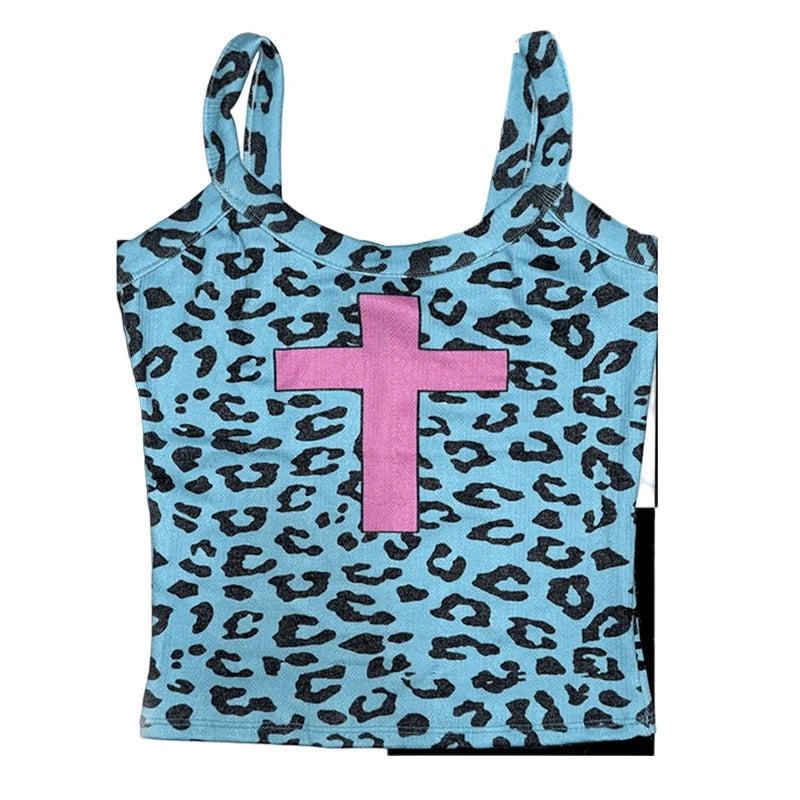 Scene Blue Leopard Print Camisole with Pink Cross