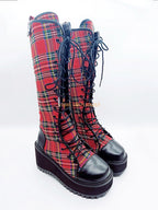 Scene Red Plaid Knee-High Lace-Up Platform Boots