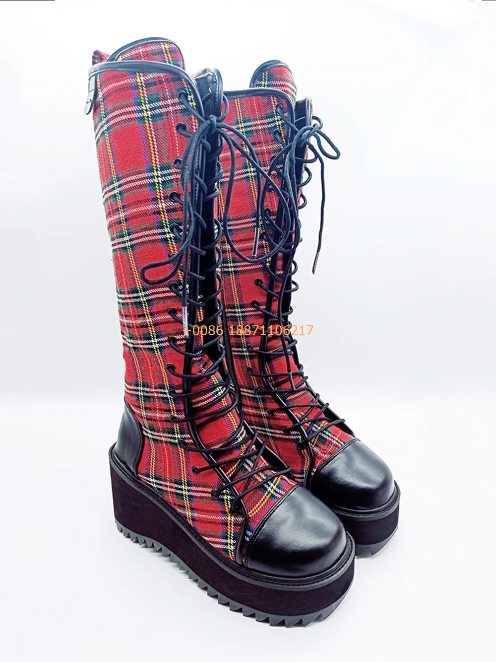 Scene Red Plaid Knee-High Lace-Up Platform Boots