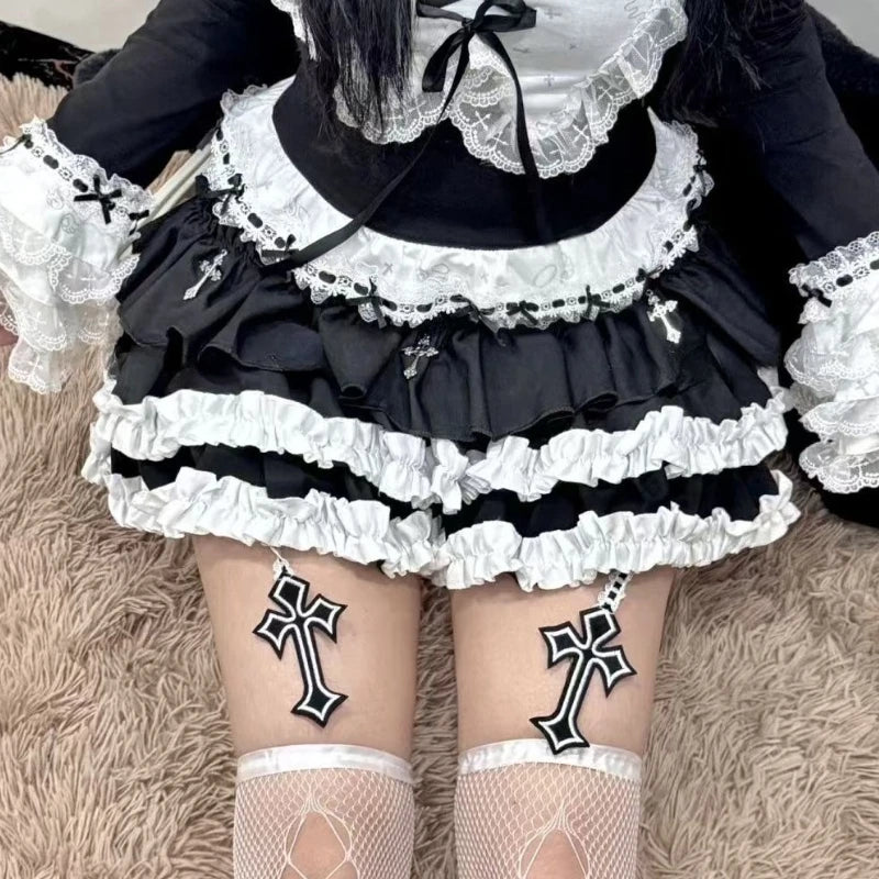 Scene Gothic Y2K Lace-Trimmed Layered Ruffle Mini Skirt