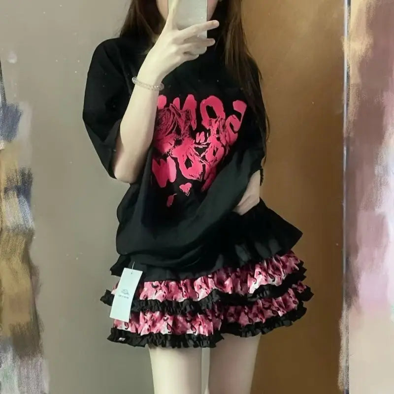 Scene Pink Leopard Print Layered Mini Skirt with Ruffle Trim
