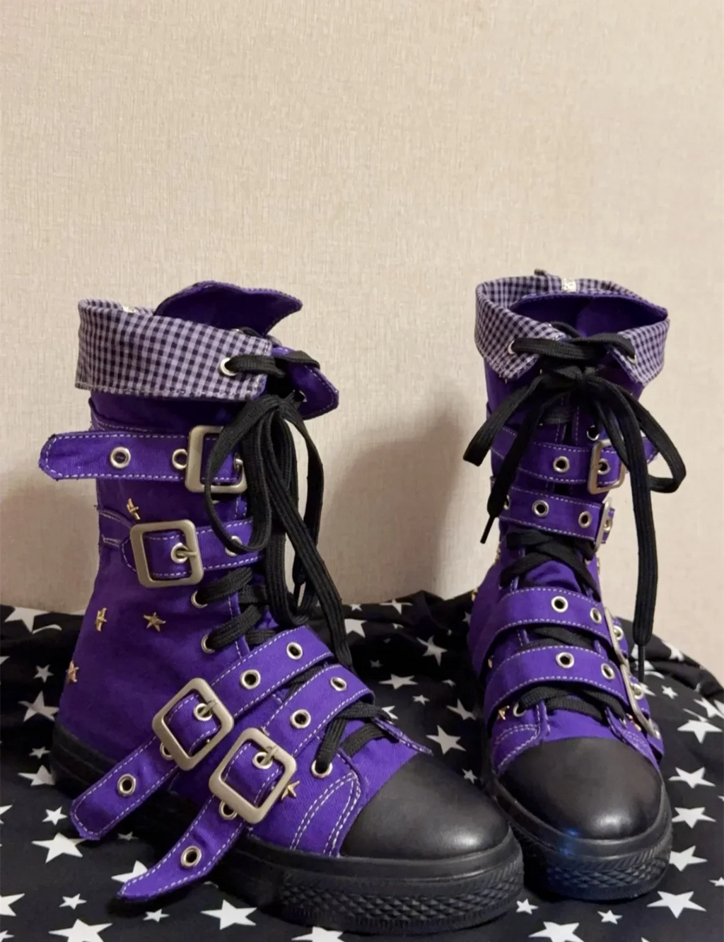 Scene Punk Canvas Ankle Boots with Buckle Straps and Star Details