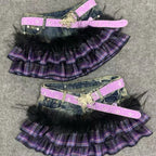 Scene Y2K Purple Plaid Patchwork Denim Mini Skirt with Ruffles and Butterfly Belt