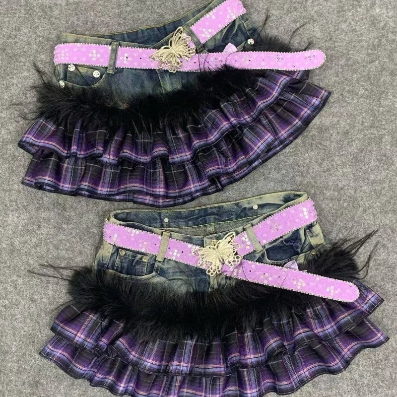 Scene Y2K Purple Plaid Patchwork Denim Mini Skirt with Ruffles and Butterfly Belt