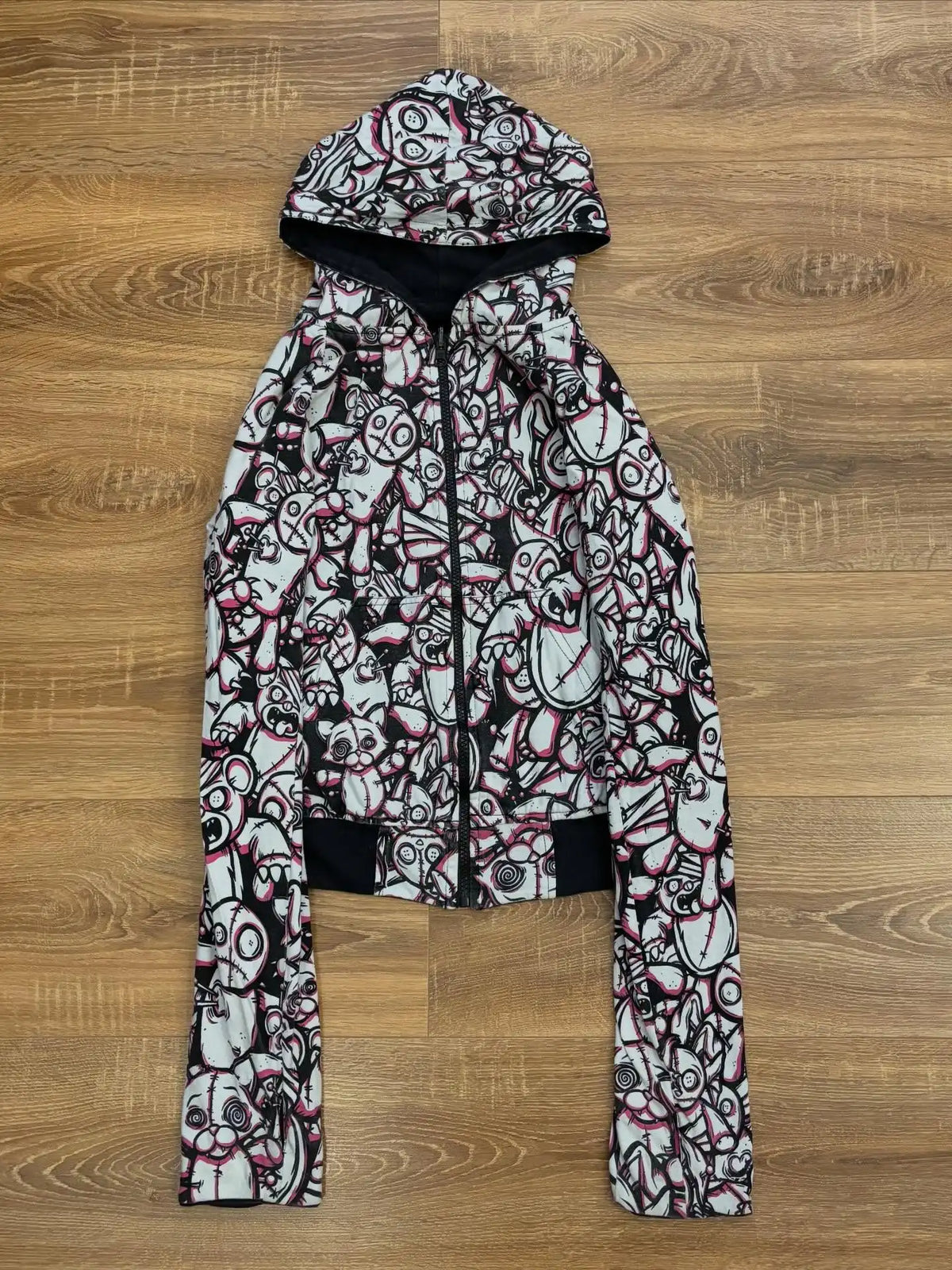 Scene Women's Black Cat-Ear Hoodie with Pink Bear Print