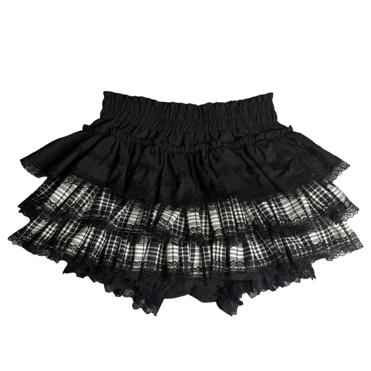 Scene Black Lace-Trimmed Plaid Ruffle Skirt