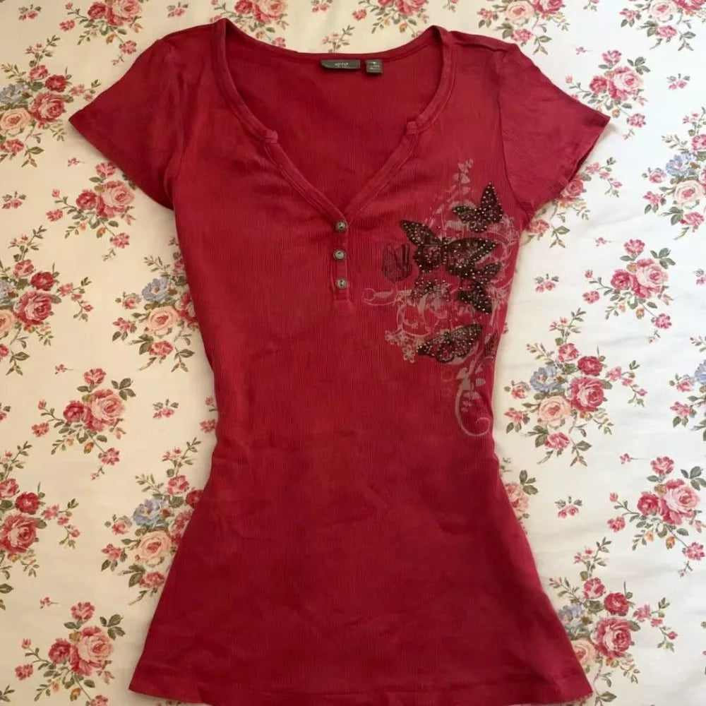 Scene Women's Red Butterfly Print Short-Sleeve T-Shirt