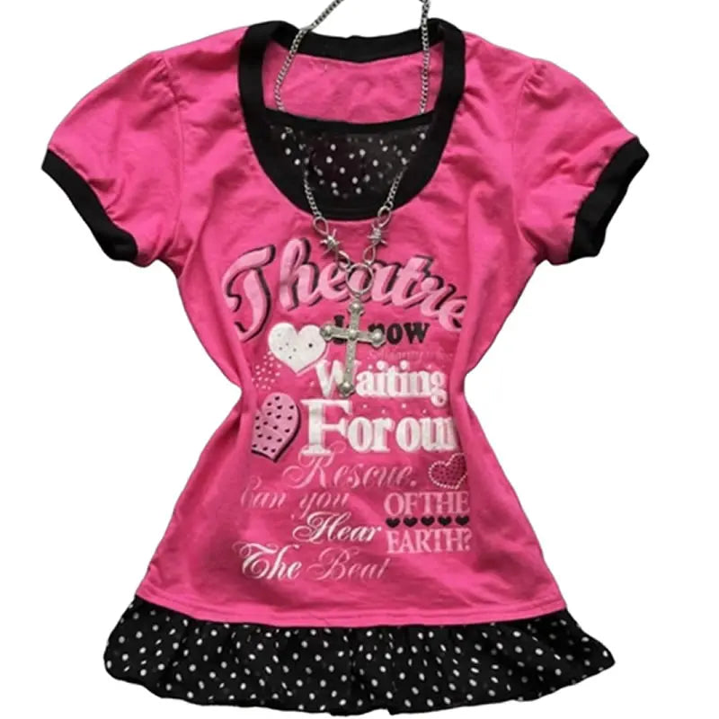 Scene Pink Graphic Short-Sleeve T-Shirt with Polka-Dot Hem