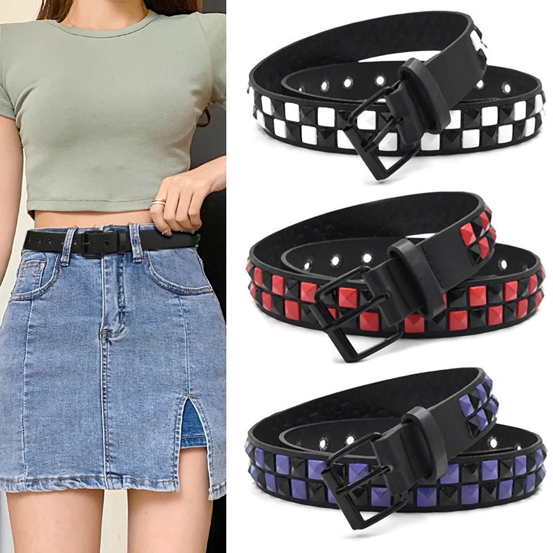 Scene Pyramid Stud PU Belt with Square Rivets – Black with Red, White or Purple Accents