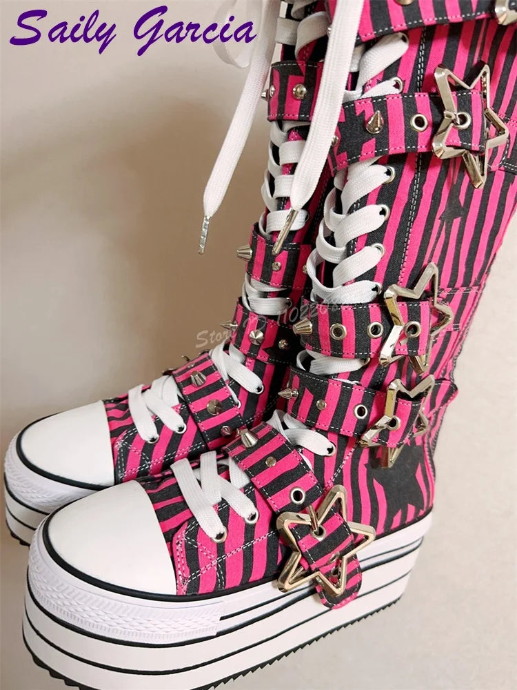 Scene Rose Red Striped Knee-High Platform Boots with Star Buckle Straps