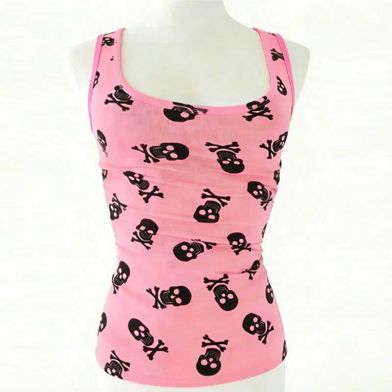 Scene Pink Skull Print Strappy Tank Top