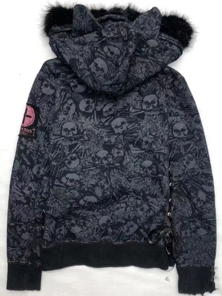 Scene Women's Skull Print Hooded Jacket with Faux-Fur Trim