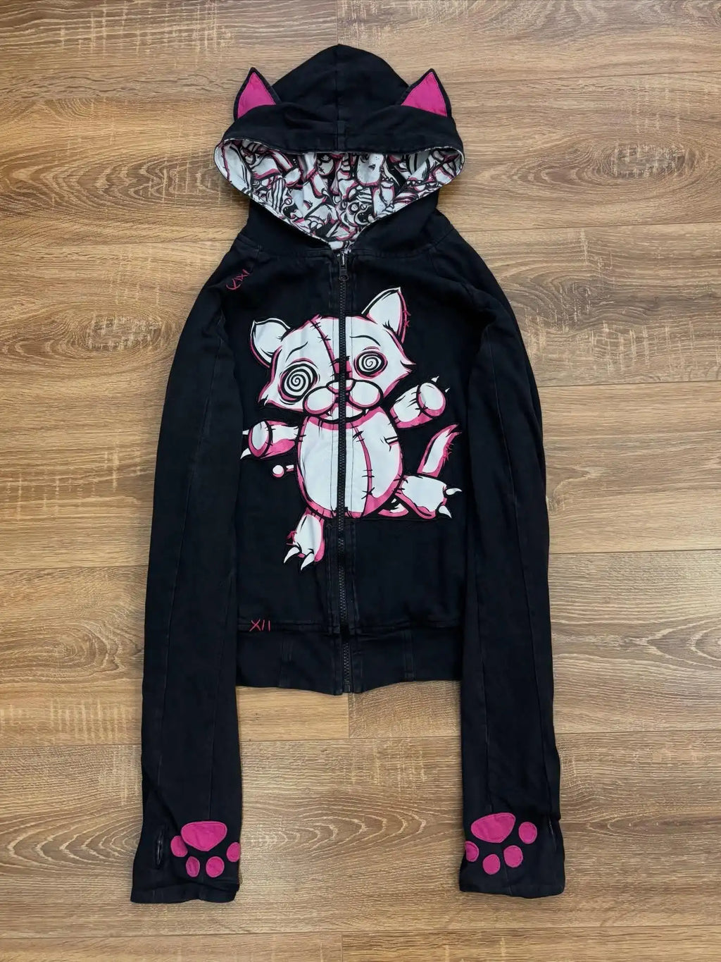 Scene Cat-Ear Reversible Zip Hoodie with Pink Cartoon Cat Print