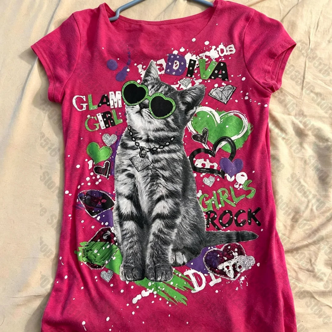 Scene Pink Cat Graphic Crop T-Shirt