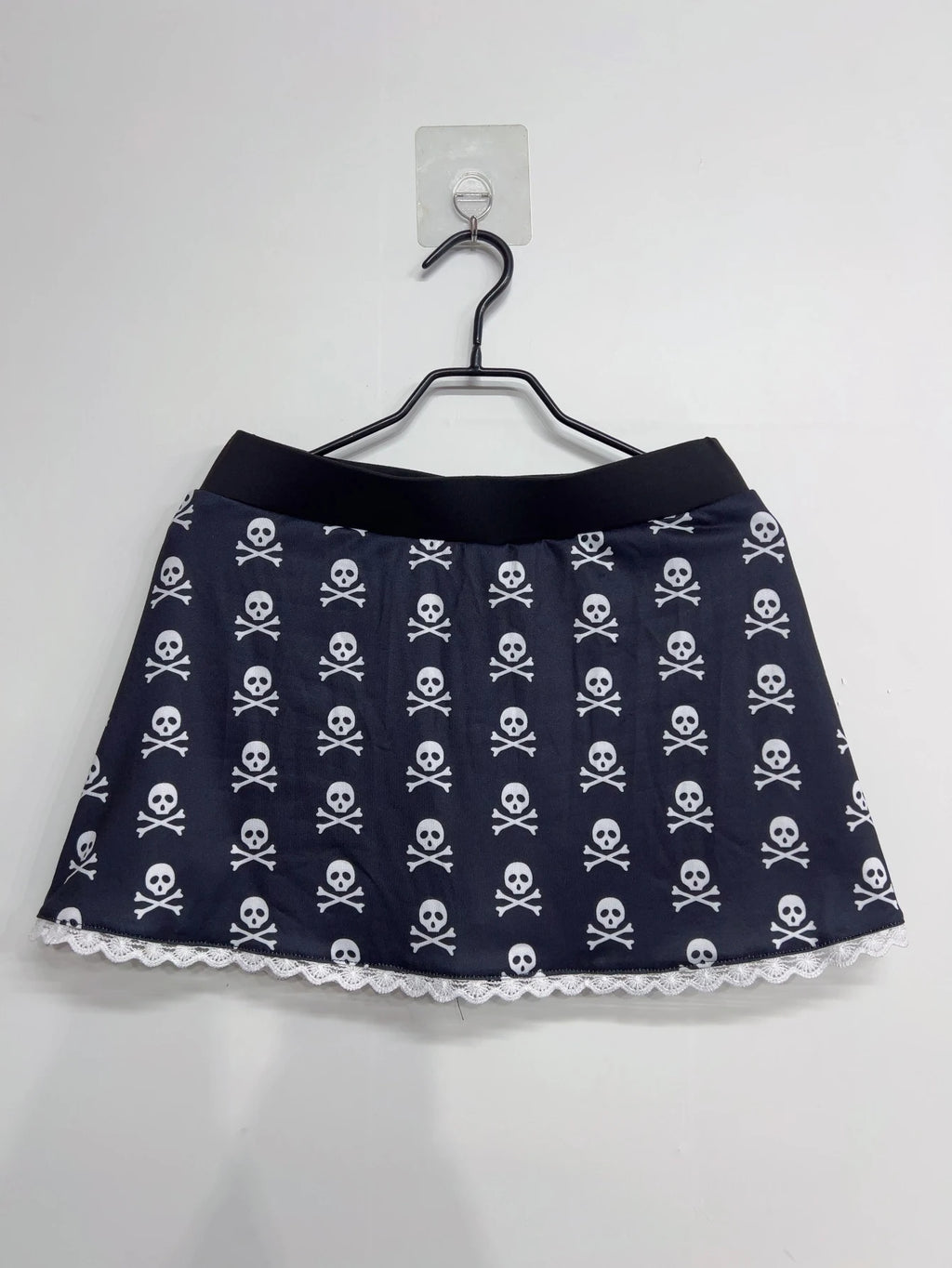 Scene Black Skull Print Mini Skirt with Lace Trim