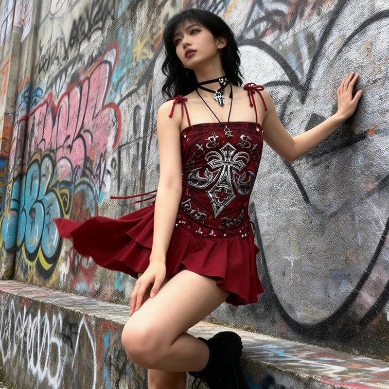Scene Women's Red Lace-Up Graphic Mini Dress