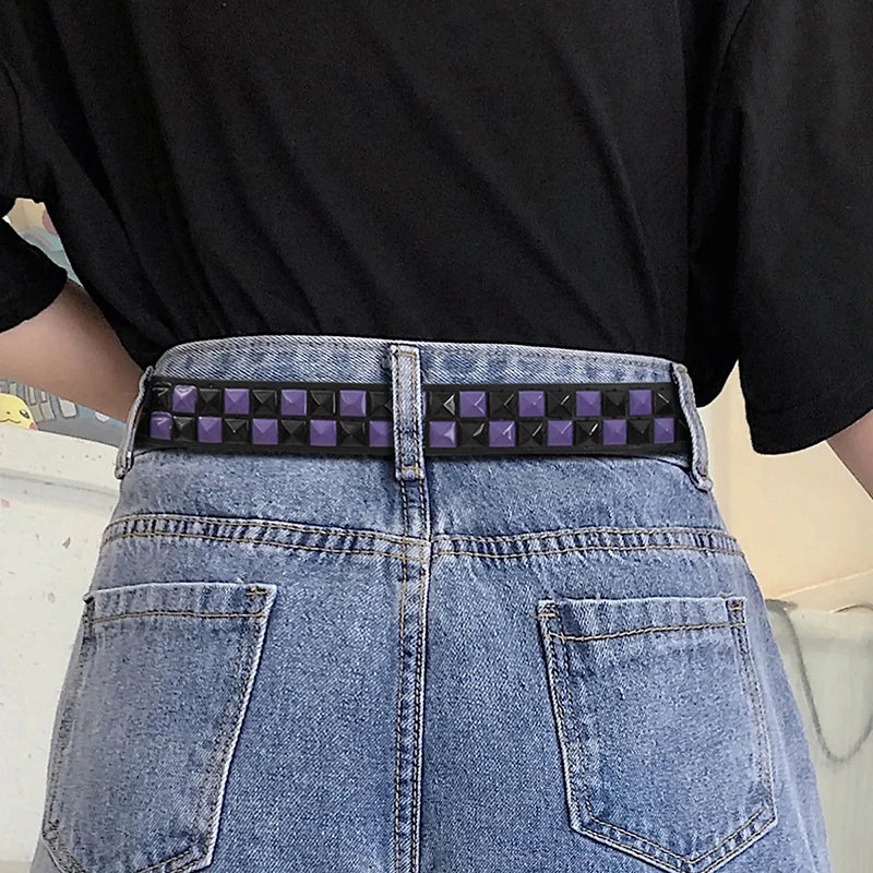 Scene Pyramid Stud PU Belt with Square Rivets – Black with Red, White or Purple Accents