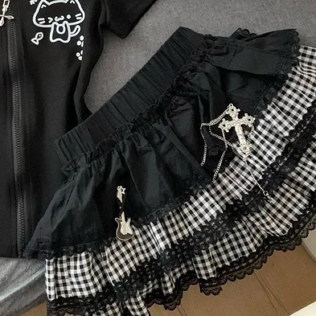 Scene Black Plaid Lace-Trim Mini Skirt with Layered Ruffles