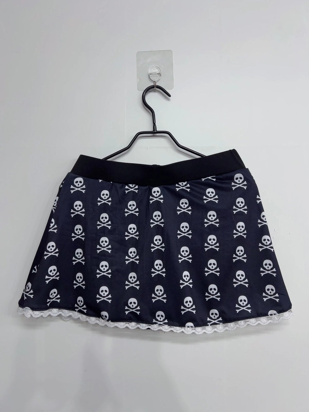Scene Black Skull Print Mini Skirt with Lace Trim