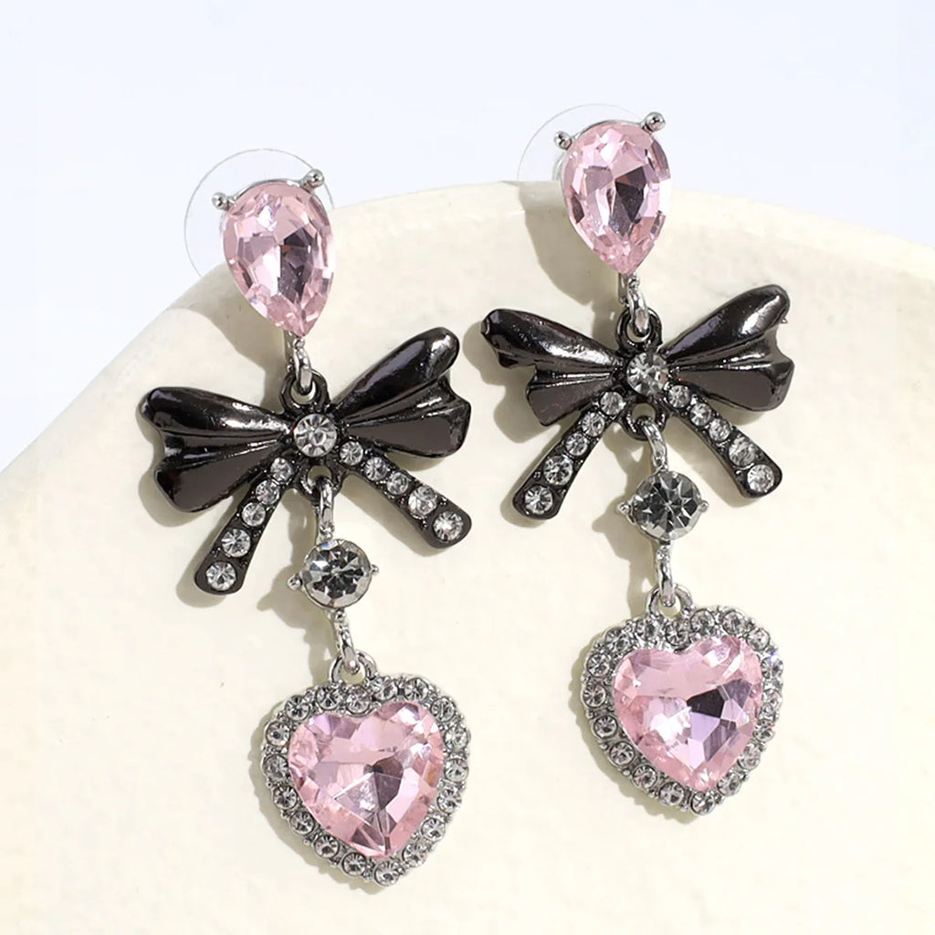 Scene Pink Rhinestone Bow and Heart Drop Earrings