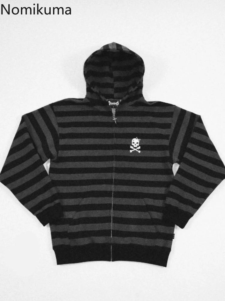 Scene Striped Skull Graphic Zip-Up Hoodie