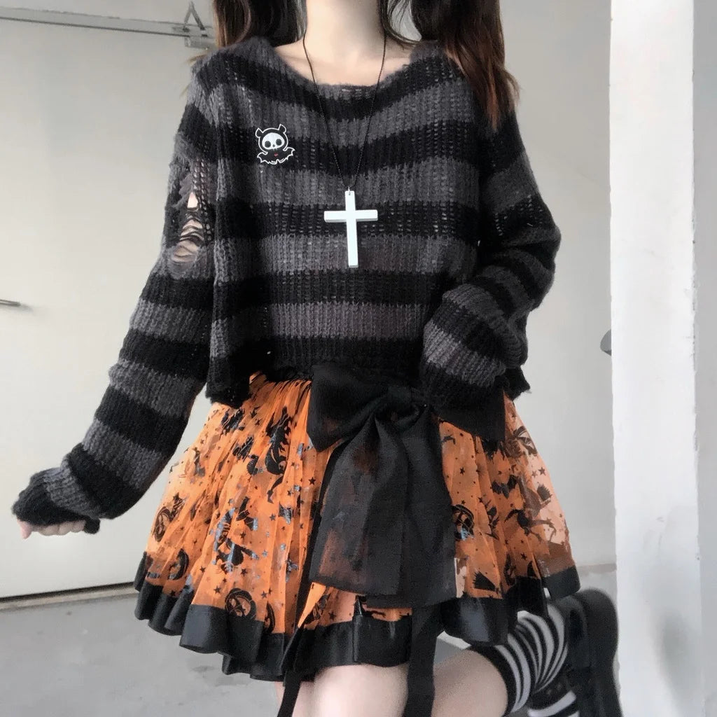 Scene Striped Distressed Knit Pullover Sweater