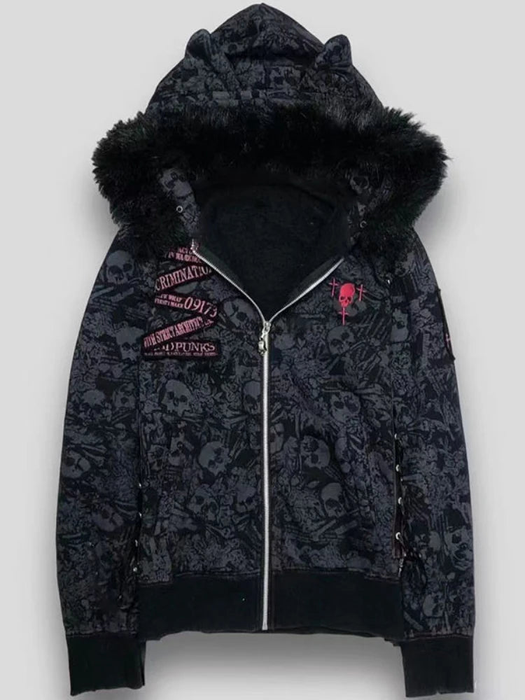 Scene Women's Skull Print Hooded Jacket with Faux-Fur Trim