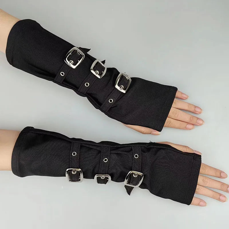 Scene Black Fingerless Gloves with Triple Buckle Straps