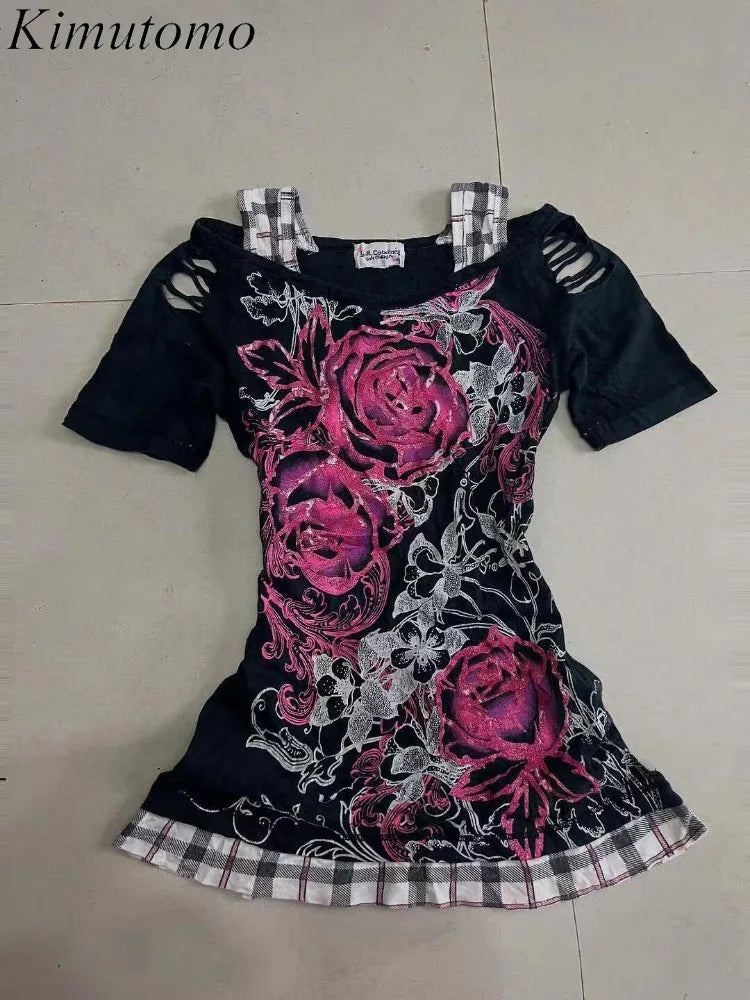 Scene Women's Black Floral Rose Print Cutout-Shoulder Top