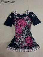 Scene Women's Black Floral Rose Print Cutout-Shoulder Top
