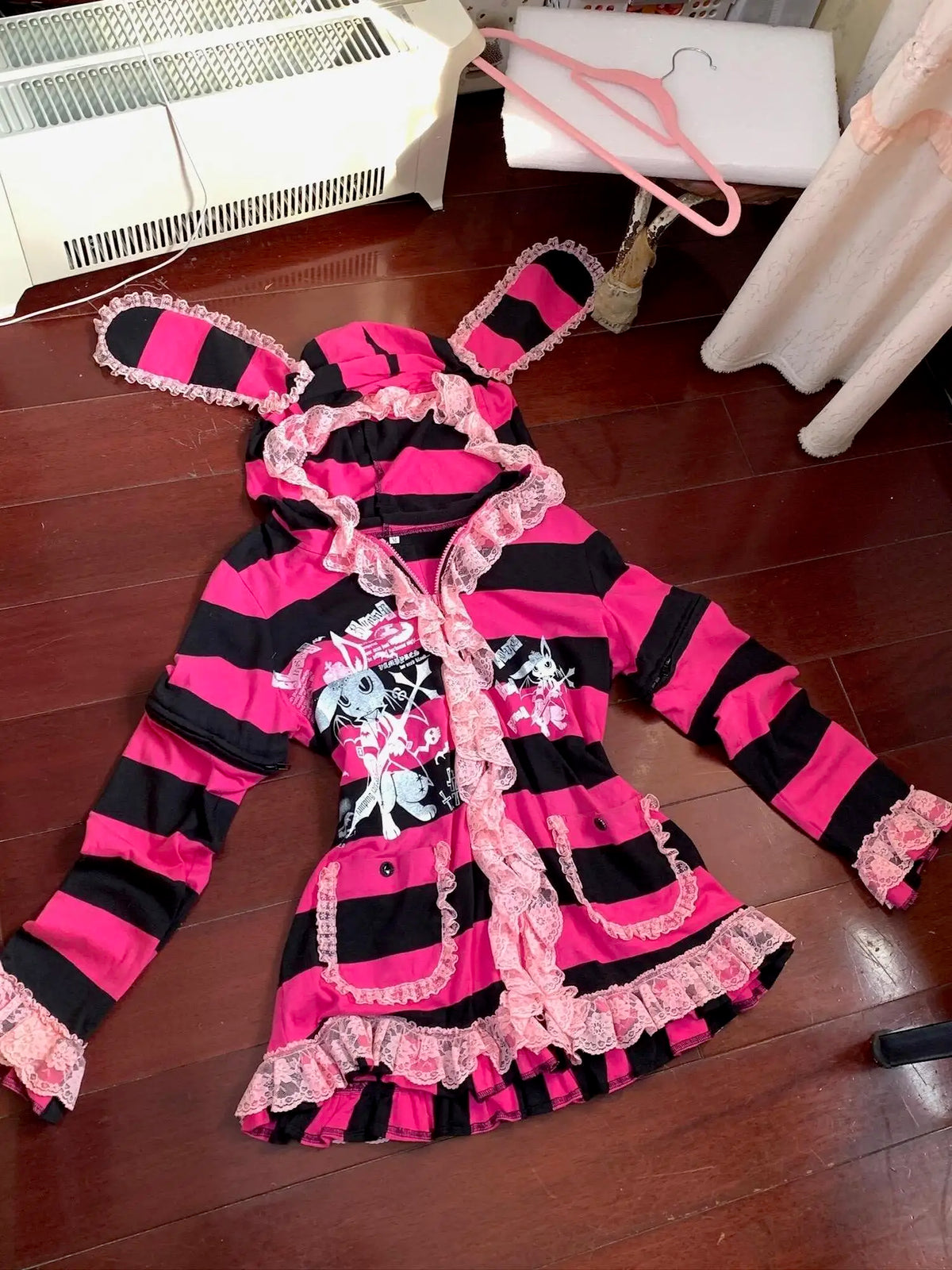 Scene Pink and Black Striped Lace-Trim Hooded Jacket