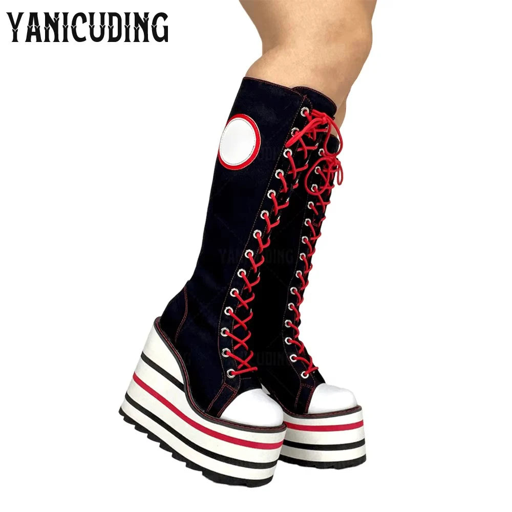Scene Skeleton Embroidered Canvas Knee-High Wedge Platform Boots – Black with Red Laces