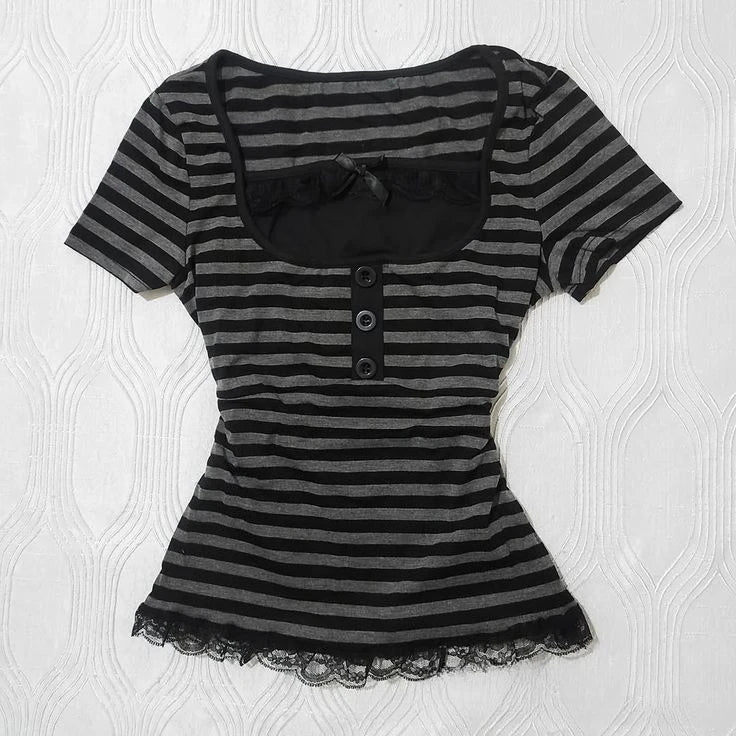 Scene Women's Striped Slim-Fit Short-Sleeve T-Shirt with Square Neckline