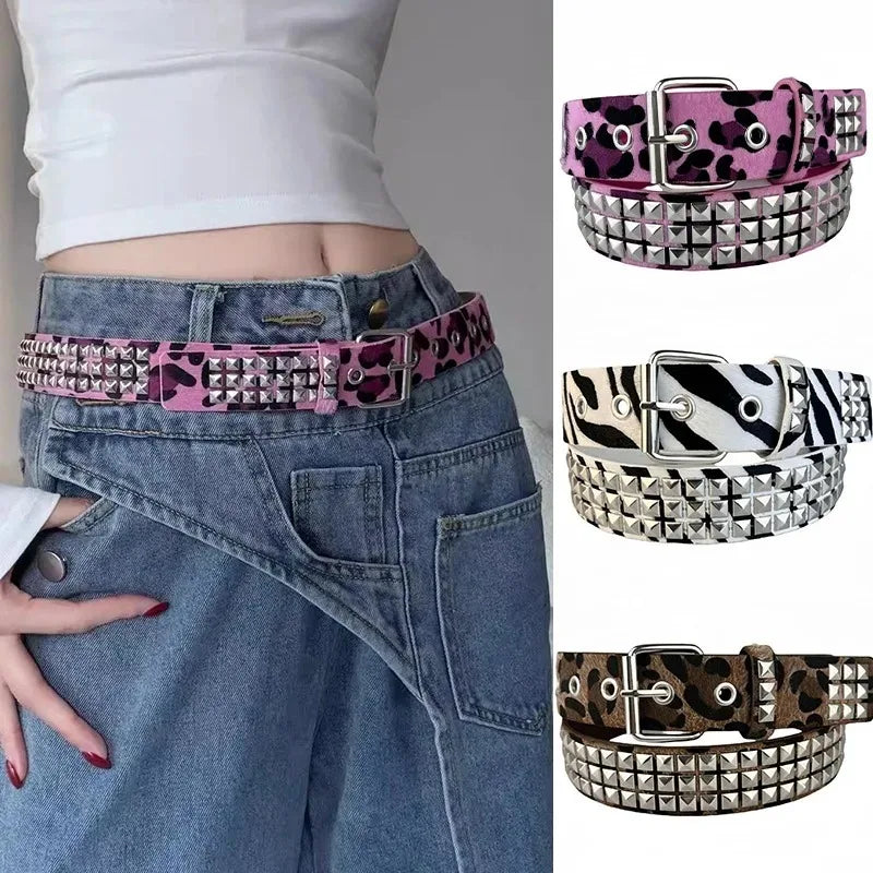 Scene Pink Leopard-Print Pyramid Stud PU Belt