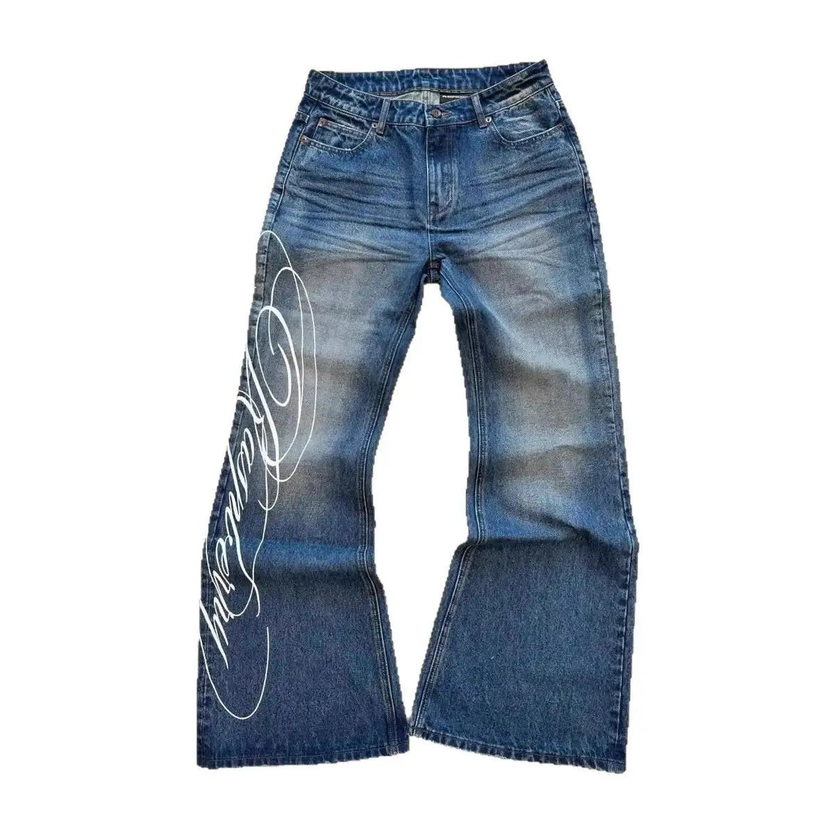 Scene Blue Letter Graphic Wide-Leg Jeans