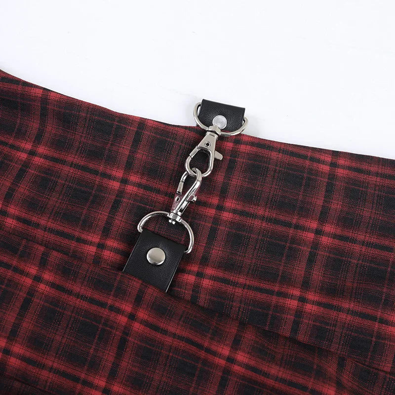 Scene Women's Red Plaid Gothic Mini Dress with Chain Details