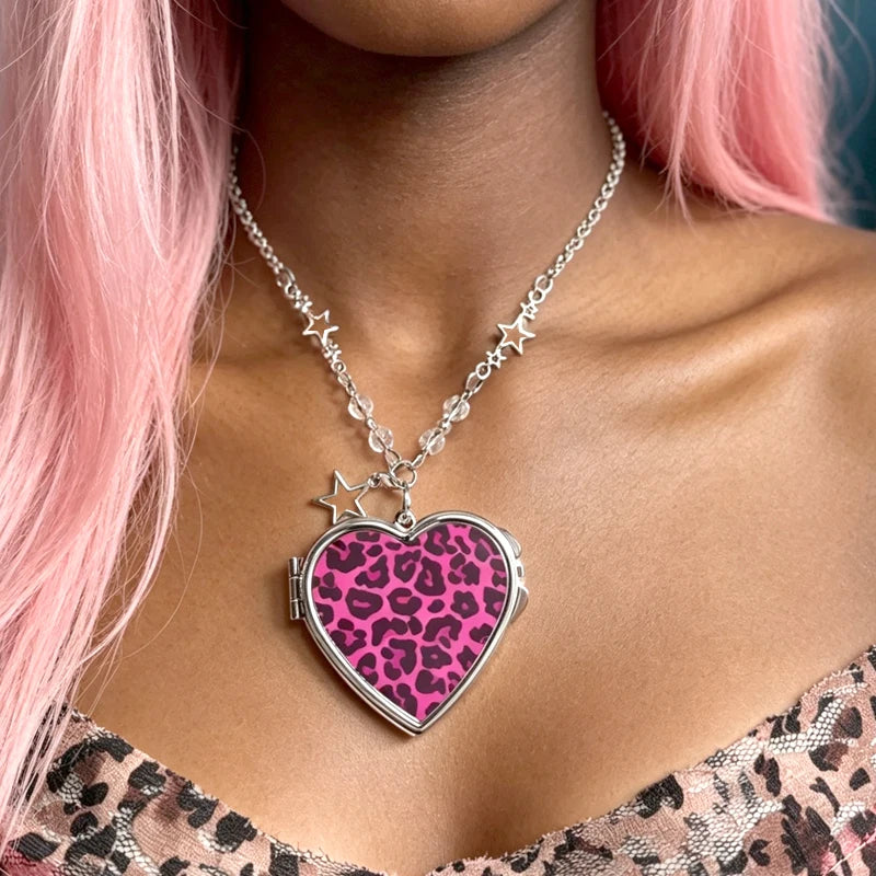 Scene Y2K Heart Mirror Pendant Necklace with Leopard and Zebra Print