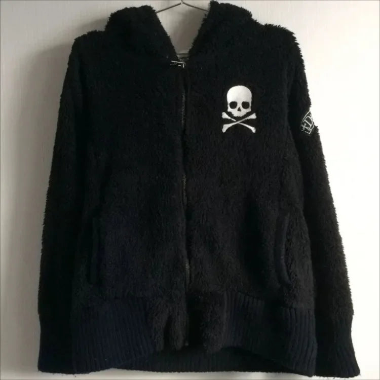 Scene Black Skull & Crossbones Sherpa-Fleece Zip Hoodie Jacket