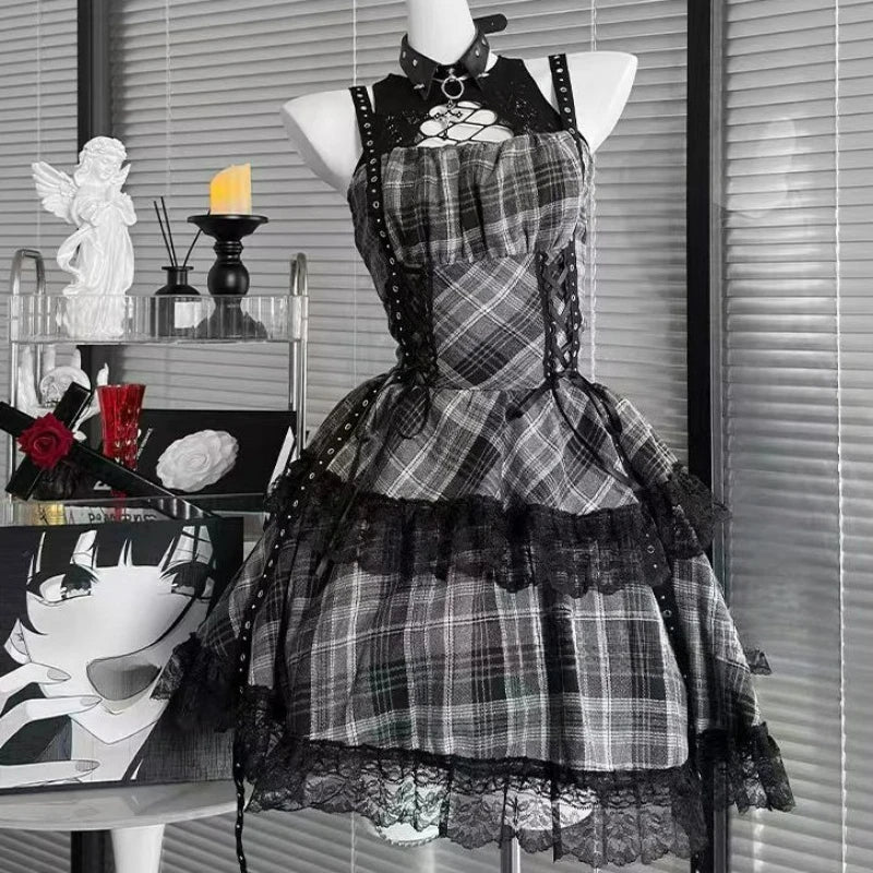 Scene Gothic Plaid Lace-Trim Mini Dress