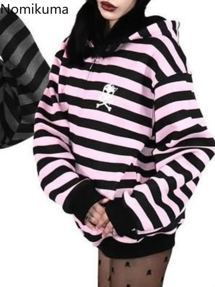 Scene Striped Skull Graphic Zip-Up Hoodie
