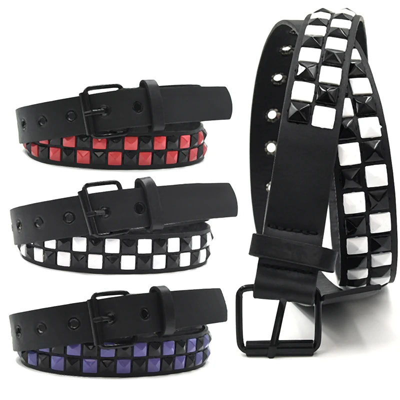 Scene Pyramid Stud PU Belt with Square Rivets – Black with Red, White or Purple Accents