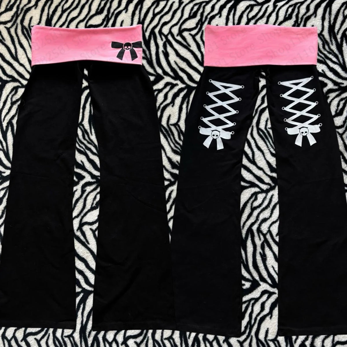 Scene Women's Black and Pink Skull Print Wide-Leg Pants
