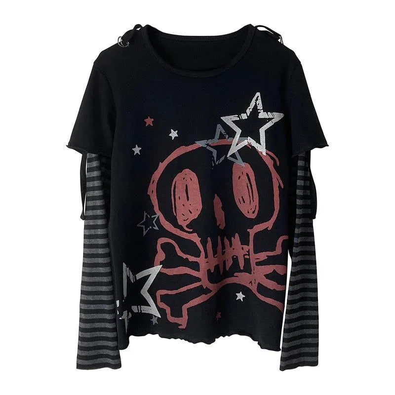 Scene Women's Black Skull Graphic Long-Sleeve T-Shirt