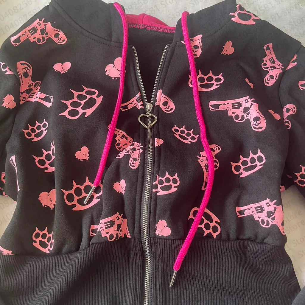 Scene Women's Black and Pink Graphic Zip-Up Hoodie