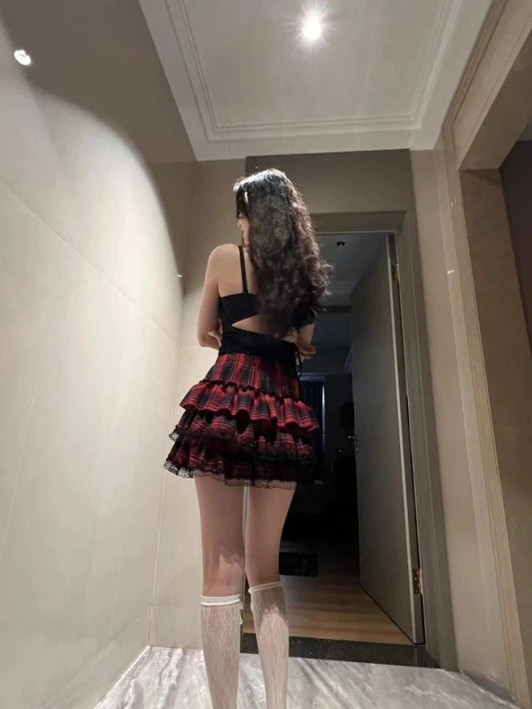 Scene Red Plaid Lace-Trim Ruffle Mini Skirt