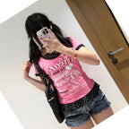 Scene Pink Graphic Short-Sleeve T-Shirt with Polka-Dot Hem
