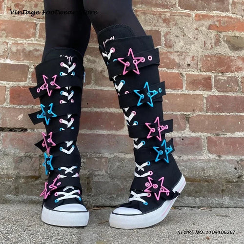 Scene Black Canvas Star-Buckle Knee-High Boots